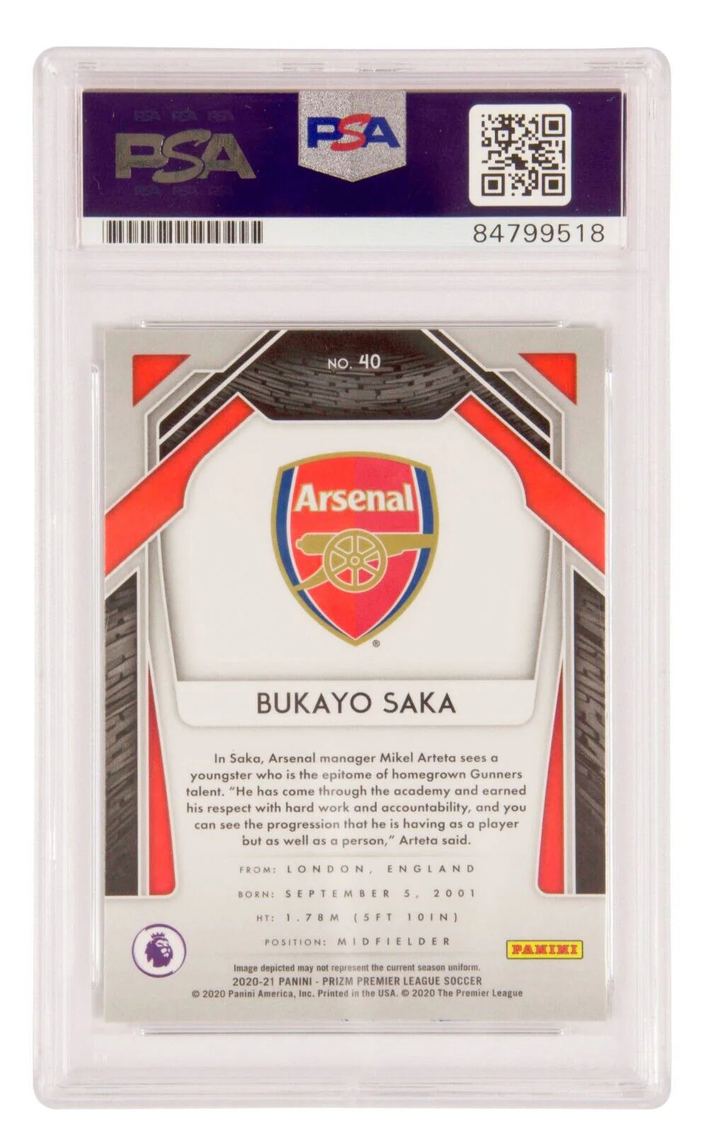 Bukayo Saka Signed 2020-21 Panini Prize EPL – PSA 10 Autograph