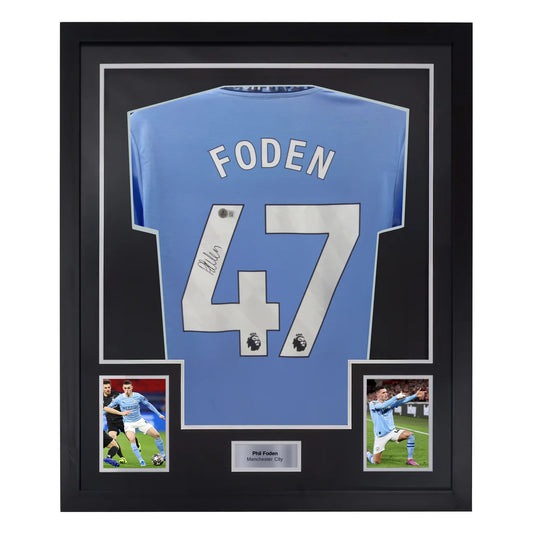 Phil Foden Signed & Framed Custom Man City Soccer Jersey with Beckett COA