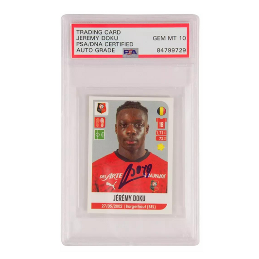 Jeremy Doku Signed 2020 Panini Foot Sticker - PSA 10 Autograph